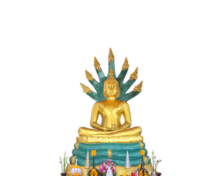 Gold seated buddha protected by the hood of the mythical serpent (Naga)  isolated on white background , clipping path