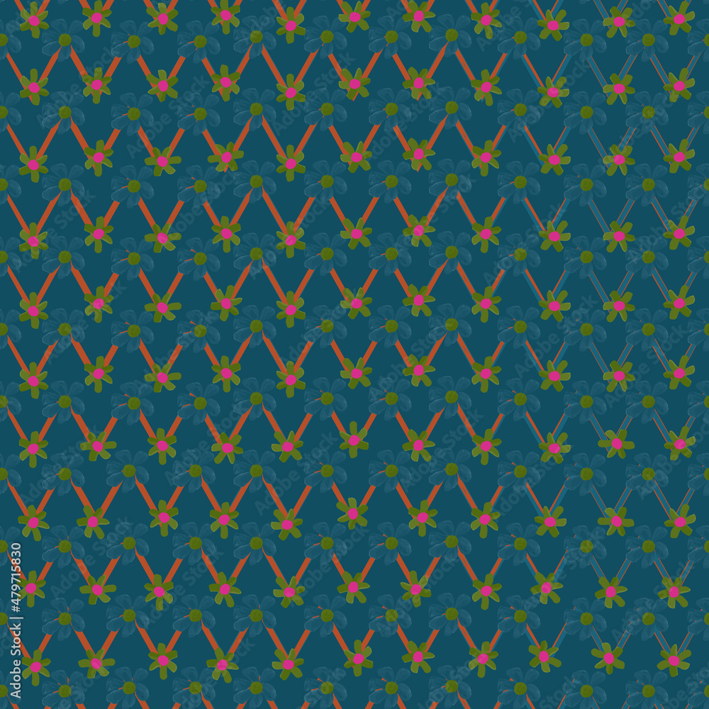 Poster blue with flowers zigzag seamless vector repeat pattern print background