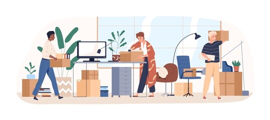 Office relocation concept. People packing cardboard boxes, moving to new location. Men and women employees with packages leaving and relocating. Flat vector illustration isolated on white background