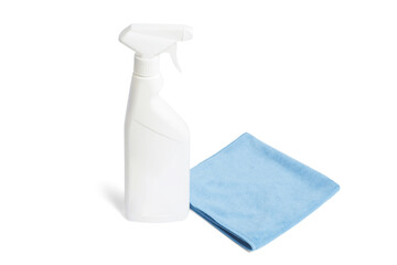 Spray bottle with cleaning napkin isolated on white background. Eco cleaning concept, surface wiping with absorbent tissue sign, spray and absorbent cloth. Liquid gel.