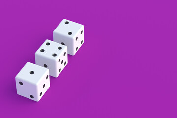 Row of dices cube on violet background. Board games. Addiction to gambling. Casino games. Random winnings. Jackpot. Leisure entertainment for the whole family. Copy space. 3d render