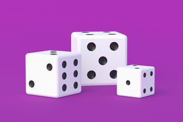 Leisure entertainment for the whole family. Board games. Addiction to gambling. Casino games. Random winnings. Jackpot. Dices cubes on violet background. 3d render