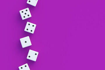Addiction to gambling. Board games. Casino games. Random winnings. Jackpot. Leisure entertainment for the whole family. Line of dices on violet background. Top view. Copy space. 3d render