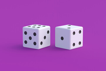 Random winnings. Board games. Addiction to gambling. Casino games. Jackpot. Leisure entertainment for the whole family. Two dices on violet background. 3d render