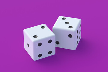 Board games. Addiction to gambling. Casino games. Random winnings. Jackpot. Leisure entertainment for the whole family. Pair of dices on violet background. 3d render