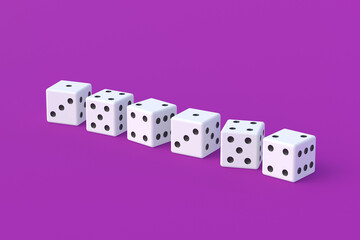 Board games. Addiction to gambling. Casino games. Random winnings. Jackpot. Leisure entertainment for the whole family. Row of dices cubes on violet background. 3d render