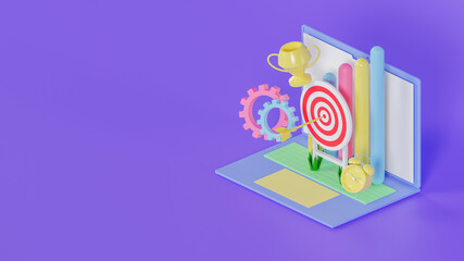 3d illustration of target achievement with arrow on target, discipline, trophy and productivity increase