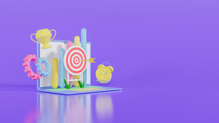 3d illustration of target achievement with arrow on target, discipline, trophy and productivity increase