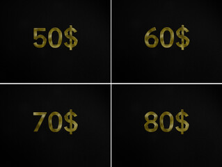 Set of 50$, 60$, 70$ and 80$ 3D dollars banner. Promotion sale for website, internet ads, social media. Big sale or super sale coupon code USD. Discount gift voucher coupon with golden text.