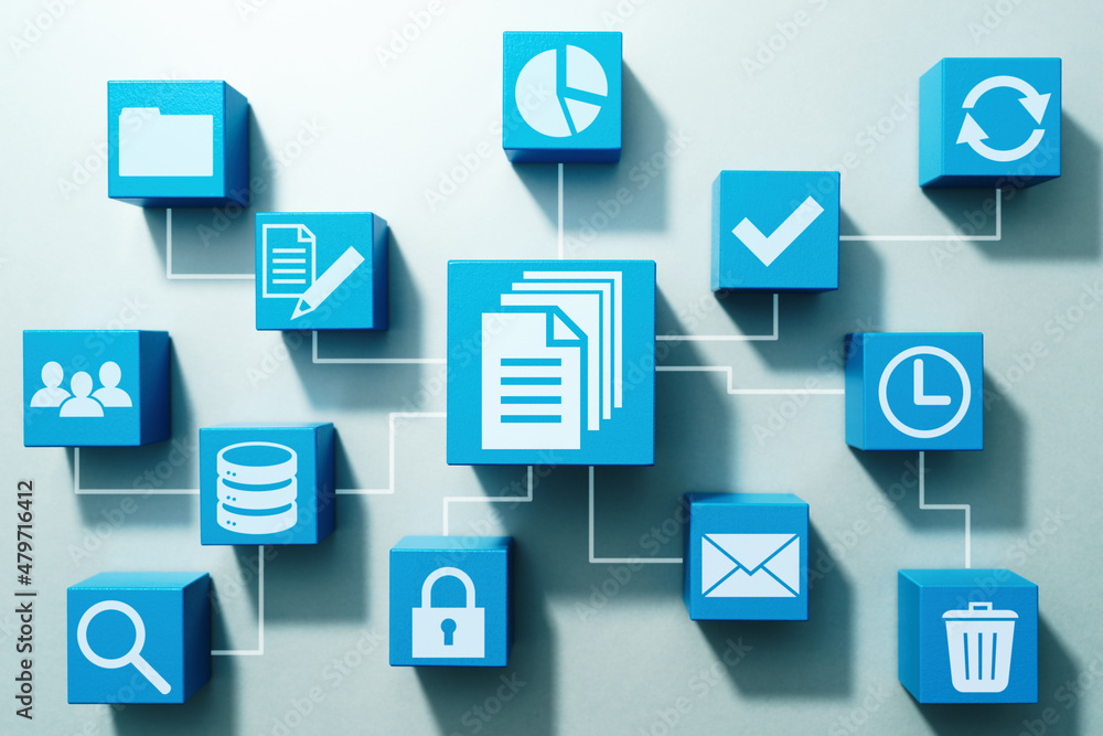 Poster Document management concept. Rules and workflow. Top view of many wood cubes with icons.