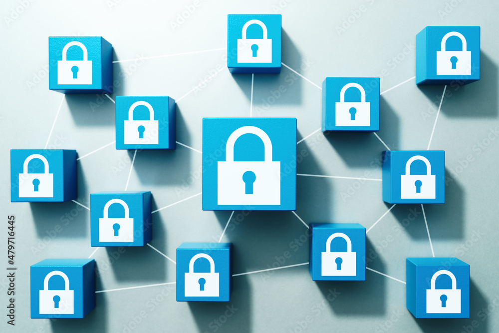 Poster Computer network security. Top view of many wood cubes with padlock icons.