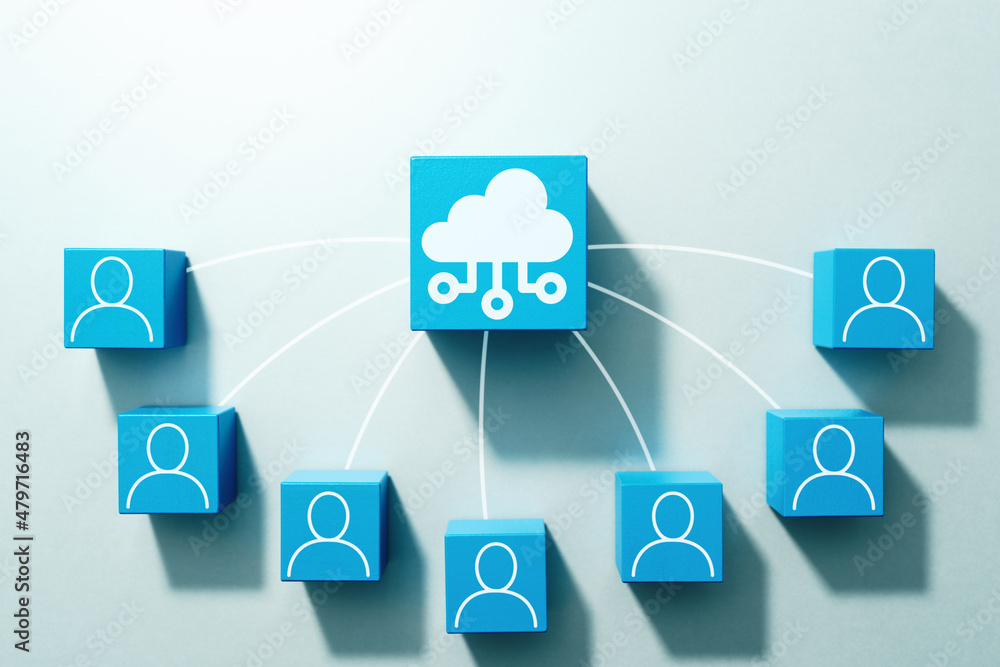 Aufkleber Cloud computing concept. Cloud server and users. Top view of many wood cubes with computer icons.