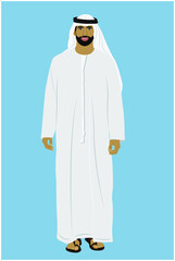 Man in United Arab Emirates traditional dress, portrait on blue background, vector illustration