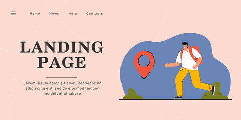 Happy male traveler reaching destination point. Man with backpack visiting new countries flat vector illustration...Travel, location, road concept for banner, website design or landing web page..