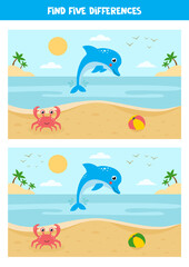 Find 5 differences between two seascapes with dolphin and crab.