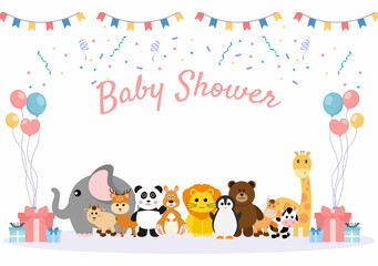 Baby Shower Little Boy or Girl with Cute Jungle Animals Design Background Vector Illustration Suitable for Invitation and Greeting Card