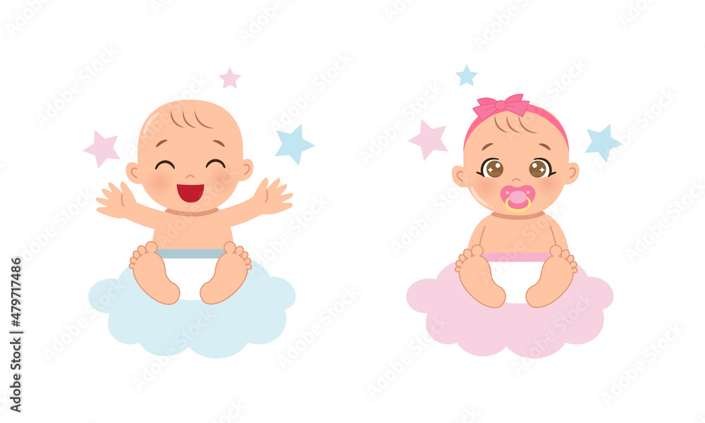 Wall mural cute baby boy and girl sitting on the cloud. flat vector cartoon design