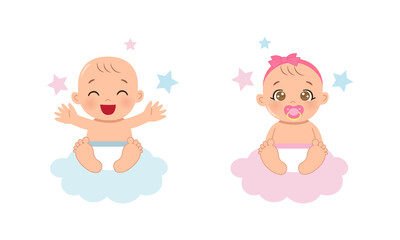 Cute baby boy and girl sitting on the cloud. Flat vector cartoon design