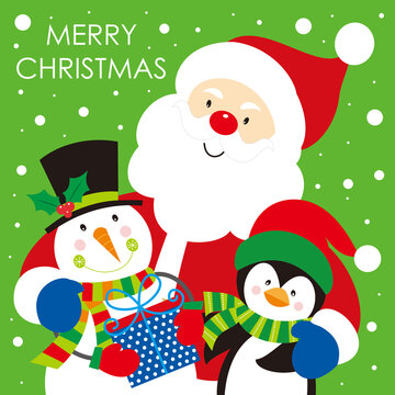 christmas card with santa claus, snowman and penguin