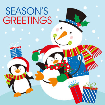 christmas card with snowman and penguins
