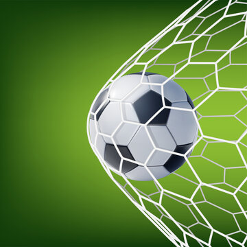 Realistic Detailed 3d Soccer Ball Scores a Goal Net on Green Football Grass Field Background. Vector illustration