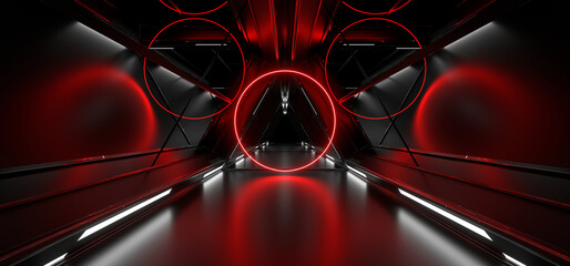 Sci Fy neon lamps in a dark corridor. Reflections on the floor and walls. 3d rendering image.