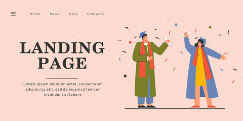 Girl and boy wearing academic gown celebrating graduation. Flat vector illustration of male and female university students with diplomas. Education, celebration, party concept.