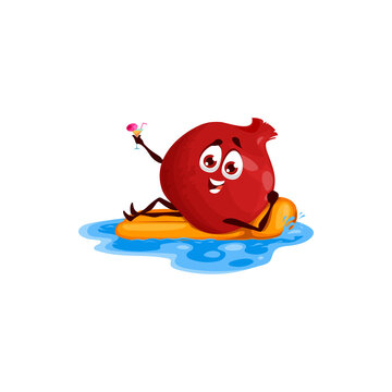 Pomegranate surfing with cocktail in hands isolated summer fruit character on rest. Vector pomegranate cartoon emoticon on pool air mattress, summertime vacation holiday of tropical exotic fruit