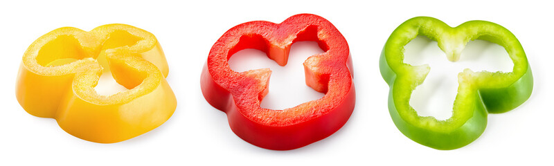 Pepper slice isolated. Paprika on white background. Cut red, green, yellow bell pepper. With...