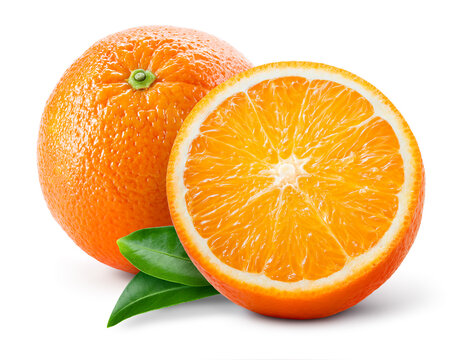 Orange isolate. Orange fruit with a half on white background. Orang with leaves. Full depth of field.