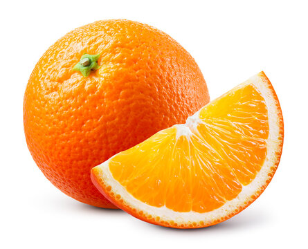 Orange fruit isolated. Orange with a slice on white background. Clipping path. Full depth of field.