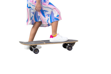 Girl having fun with surfboards or surf skate is relaxing lifestyle on holiday isolated on white background.