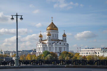 Autumn view from the Big Stone Bridge to the Cathedral of Christ the Savior in Moscow, Russia