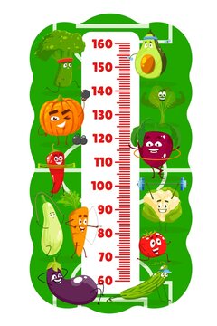 Kids height chart, cartoon vegetables. Athletes on sport field, vector growth meter ruler scale with veggies on fitness, spinach and pumpkin, broccoli and avocado, carrot, eggplant, tomato, cucumber