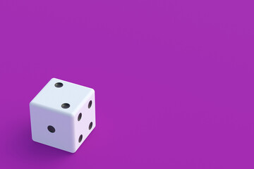Board games. Addiction to gambling. Casino games. Random winnings. Jackpot. Leisure entertainment for the whole family. One dice on violet background. Copy space. 3d render