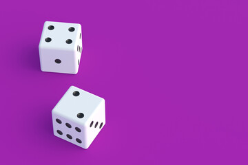 Board games. Addiction to gambling. Casino games. Random winnings. Jackpot. Leisure entertainment for the whole family. Dice cube on violet background. Copy space. 3d render