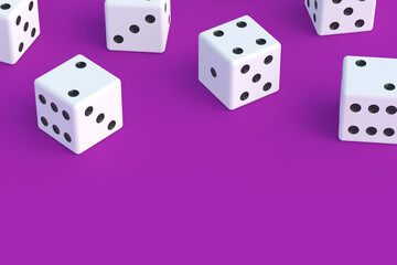 Board games. Addiction to gambling. Casino games. Random winnings. Jackpot. Leisure entertainment for the whole family. Scattered dices on violet background. Copy space. 3d render
