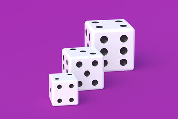 Board games. Addiction to gambling. Casino games. Random winnings. Jackpot. Leisure entertainment for the whole family. Row of dice cubes on violet background. 3d render