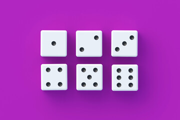 Board games. Addiction to gambling. Casino games. Random winnings. Jackpot. Leisure entertainment for the whole family. Dices on violet background. Top view. 3d render