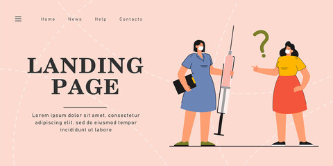 Female doctor holding syringe with covid vaccine. Patient interesting quality of vax flat vector illustration. Coronavirus, vaccination, pandemic concept for banner, website design, landing web page.