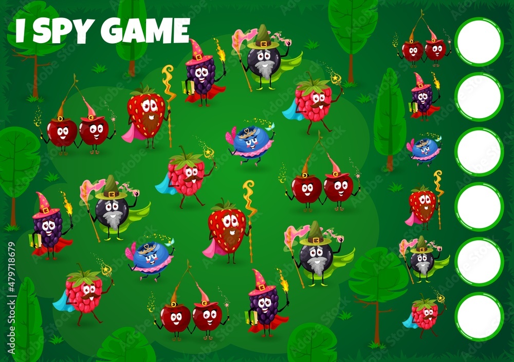 Poster i spy game quiz. berry wizard, mage, warlock and fairy characters, kids game vector worksheet. find 