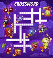 Crossword worksheet with cartoon berry wizard, mage, warlock and fairy. Find a word vector quiz game, puzzle or maze grids with funny strawberry, cherry, blueberry and blackberry magician characters