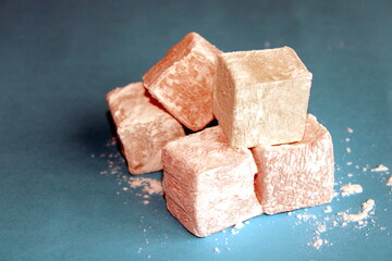 Lokum sweets pink color, turkish delights