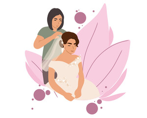 The hairdresser makes the wedding hair and straightens the veil of the young bride. Morning of the bride. Flat vector illustration