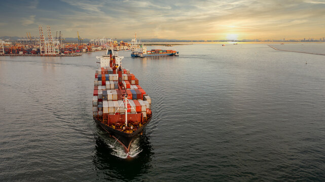 Aerial view container ship at industrial port import export global business company logistic transportation international by container ship, Container cargo vessel freight ship industrial.