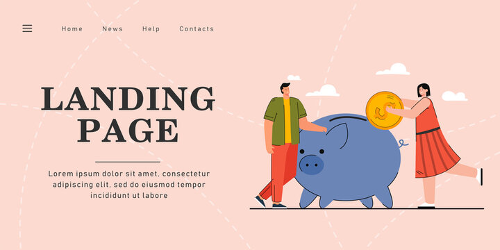 Man and woman saving money. Female character throwing money into piggy bank, man bringing pile of coins. Finance, investing concept for banner, website design, landing web page