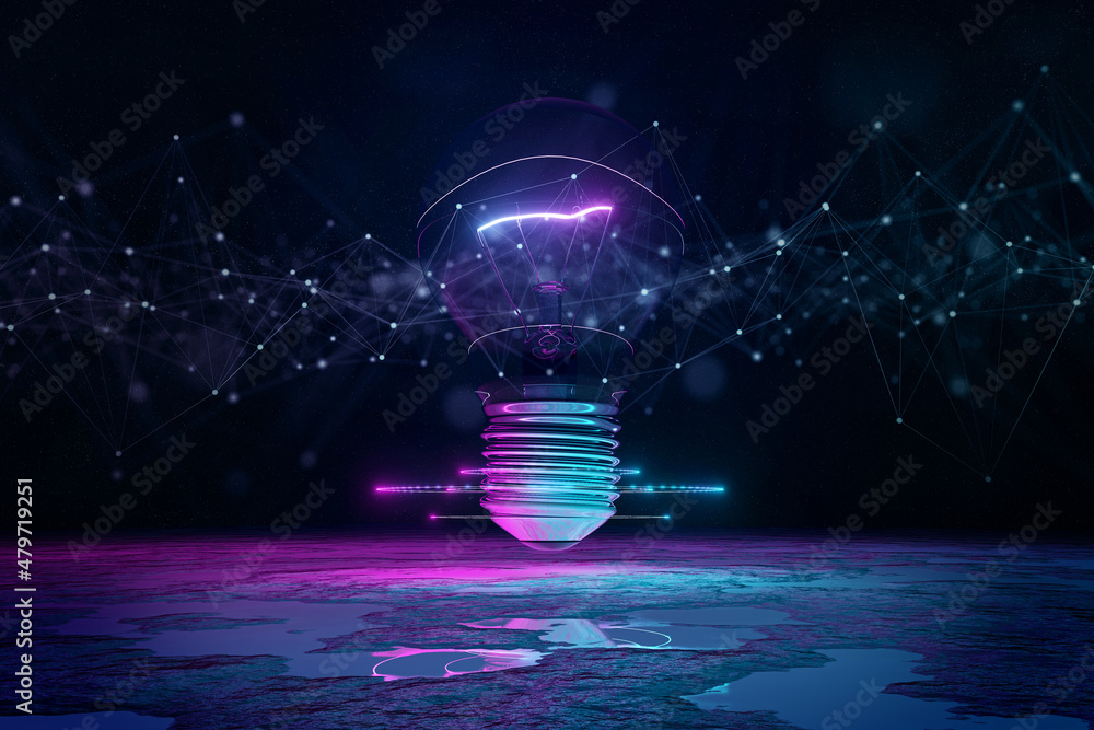 Aufkleber lightbulb illuminating reflecting floor with blue and pink neon light 3d rendering