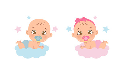 Cute baby boy and girl gender reveal clipart. Flat vector cartoon design - obrazy, fototapety, plakaty