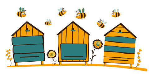 Vector apiary, bees, flowers. Flying bees. White background.