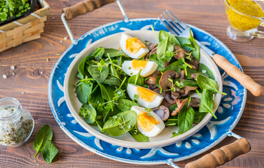 A healthy salad of fresh spinach, fried mushrooms and a boiled egg on a ceramic plate on a wooden background. Salad recipes.